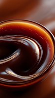 Swirling dark chocolate sauce creating smooth spiral pattern with rich brown and caramel tones, macro photography showing glossy texture and liquid flow.