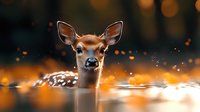 Young spotted deer fawn in water with golden bokeh background, looking directly at camera. Magical forest atmosphere with water reflections and floating particles.