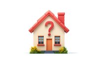 Cartoon house with red roof and question mark, surrounded by yellow flowers on white background. Concept for real estate questions, property decisions.