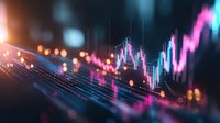 Financial market data visualization with glowing pink and blue candlestick chart showing upward trend, abstract bokeh background for business analytics and trading.