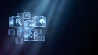 Glowing digital cubes with tech icons floating in dark space, representing blockchain, cloud computing, and data network concepts.