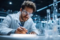 Male scientist in white lab coat and safety glasses taking notes during experiment in modern laboratory with glassware and equipment.