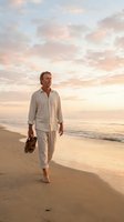 Middle-aged Caucasian man in casual linen clothing walking barefoot along sandy beach at sunset, holding shoes in hand, serene coastal scene.