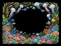 Underwater ocean frame with jellyfish, coral, seaweed, and tropical fish isolated on transparent background. Ready for clipart, t-shirt design, stickers, print-on-demand products, and sublimation projects.