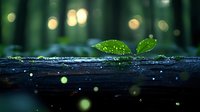 Young green sprout growing from wet wood log in mystical forest with bokeh lights and water drops, symbolizing new beginnings and hope in nature.