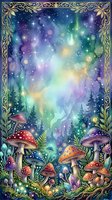 Enchanted forest scene with whimsical mushrooms, glowing aurora lights, and ornate gold frame border. Fantasy woodland landscape with magical bokeh effects and starry night sky for mystical designs.