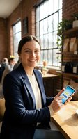 Professional businesswoman using smartphone in modern brick loft office space with natural lighting for corporate communication and digital technology.