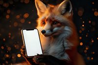 Red fox holding smartphone with blank screen against dark background with glowing bokeh lights, digital art concept for wildlife technology.