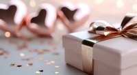 Elegant gift box with golden ribbon and festive decorations on soft background with warm bokeh lights for holiday celebrations and special occasions.