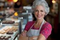 Confident mature woman with silver hair wearing pink floral top and white apron smiling warmly in bakery setting with display case of pastries in background.