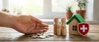 Protective hand gesture over wooden family figures and house model with medical cross shield, symbolizing health insurance and home protection coverage.