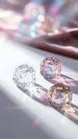 Three crystal prisms casting rainbow light reflections on white surface with colorful bokeh background for luxury jewelry and optical design concepts.