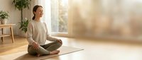 Young woman of mixed ethnicity in casual beige clothing practicing meditation and mindfulness in bright, sunlit home studio with wooden floors and potted plants.