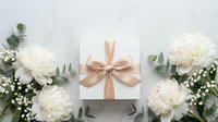 Elegant white gift box with beige ribbon surrounded by white peonies and eucalyptus branches on marble background for wedding celebrations and special occasions.