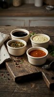 Four ceramic bowls with assorted colorful sauces and dips on rustic wooden cutting board in cozy kitchen setting for culinary and cooking projects.