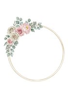 Circular floral frame with pink and cream roses, peonies, and eucalyptus leaves on white background. Use for wedding invitations, greeting cards, and decorative designs.