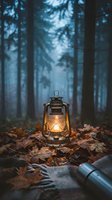 Vintage oil lantern glowing warmly among autumn leaves in misty forest at dusk creating atmospheric camping and outdoor adventure mood.