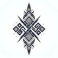 Geometric tribal tattoo design with angular patterns and symmetrical shapes in black on white background, featuring abstract maze-like elements and pointed edges.