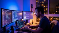 Professional software developer coding at night with multiple monitors displaying programming code in modern home office setup with ambient lighting.