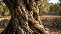 Ancient gnarled olive tree trunk with twisted bark texture in Mediterranean countryside landscape for natural background and agricultural themes.