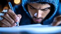 Young man in blue hoodie writing in darkness with focused expression, illuminated by cold light. Dramatic composition captures late night study or creative process.