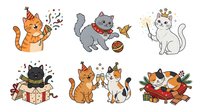 Cartoon cats isolated on white background, featuring orange tabby, gray, white, and calico kittens in playful poses with festive elements. Clipart for design projects.