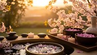 Zen spa setting with cherry blossoms, wooden bowls, stones and petals at sunset for relaxation and wellness treatments.