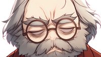 Elderly man with round glasses, gray beard and messy hair in red clothing, illustrated in anime style. Wise senior character portrait for digital art and design.