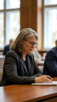 Senior businesswoman with glasses reviewing documents in corporate boardroom meeting with colleagues in background.