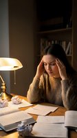 Stressed young woman with headache studying at desk with books and papers in warm evening light. Student experiencing academic pressure and fatigue.