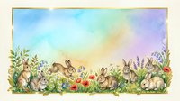 Adorable rabbits in spring meadow with wildflowers and herbs against pastel rainbow sky background for Easter and seasonal designs.