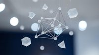 Abstract network of connected geometric shapes and nodes floating in blurred space, representing data connection, technology, and digital communication systems for web design and tech concepts.