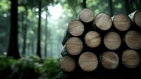 Stacked wooden logs in misty forest environment with soft bokeh background, natural resource harvesting and sustainable forestry concept.