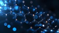 Glowing molecular structure with connected hexagonal shapes on dark background with blue bokeh lights creates futuristic scientific visualization.