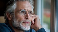 Thoughtful senior Caucasian man with gray beard and stylish glasses gazing through window in contemplative pose, wearing blue sweater. Natural lighting creates mood.