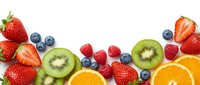 Fresh mixed berries and citrus fruits border on white background with strawberries, blueberries, raspberries, kiwi and orange slices for healthy eating.