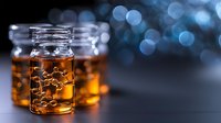 Whiskey or bourbon with ice cubes in glass jars against blurred blue bokeh background, suitable for beverage and alcohol marketing.