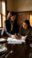 Professional businesswoman mentor guiding young female colleague through financial reports and data analysis in elegant office setting with warm lighting.