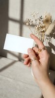Female hand holding blank white business card mockup with dried flowers and natural window light shadows for branding design templates.
