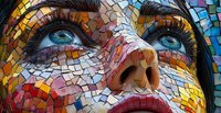 Colorful mosaic portrait close-up showing eyes, nose, and lips with vibrant geometric fragments in red, blue, gold, and turquoise tones. Artistic contemporary wall decoration.