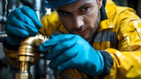 Focused plumber in yellow protective uniform and blue gloves repairs brass pipe fitting during maintenance work. Professional plumbing service concept.
