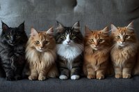 Five majestic cats with long fur sitting in row on grey sofa, displaying different coat colors from black to ginger, showcasing feline companionship and diversity.