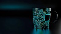 Futuristic coffee mug with glowing cyan circuit board pattern on dark background for technology and digital lifestyle concepts.