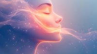 Ethereal feminine profile with glowing energy streams in pink and purple cosmic atmosphere, sparkling particles create dreamy magical effect for spiritual design.