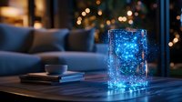 Glowing blue luminous glass jar on wooden table with cozy sofa and bokeh lights in background creates magical evening atmosphere for home decor and lifestyle design.