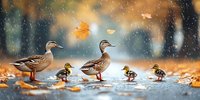 Duck family walking in autumn rain with falling orange maple leaves, mother ducks leading ducklings through puddles in park during golden hour.