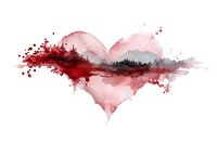 Watercolor heart with mountain landscape silhouette and red paint splashes on white background, romantic nature art for Valentine's Day designs.