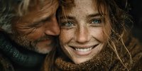 Happy mature couple embracing outdoors with genuine smiles and freckled faces showing love and connection in natural autumn light for lifestyle content.