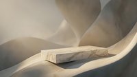 Marble podium display stand with flowing fabric drapes in soft beige tones creating elegant product presentation backdrop for luxury branding.