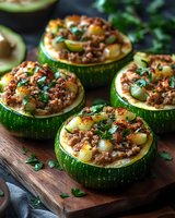 Stuffed round zucchini with minced meat, potatoes and herbs served on wooden cutting board. Fresh homemade appetizer garnished with parsley.